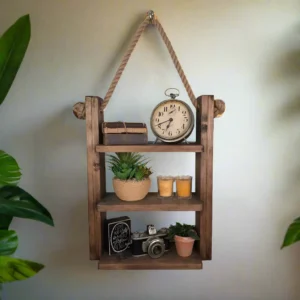 rope and wood hanging wall shelf