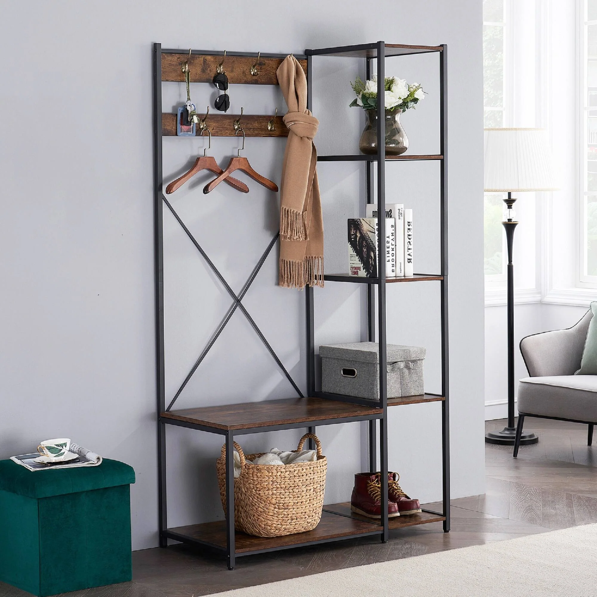 entryway hall tree with storage bench and shelves