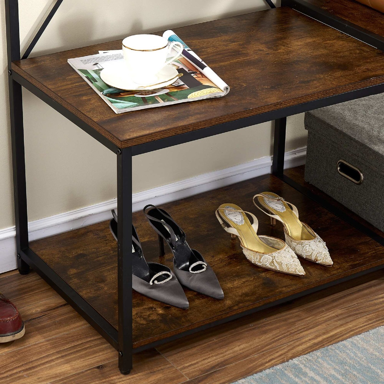 entryway hall tree with storage bench and shelves